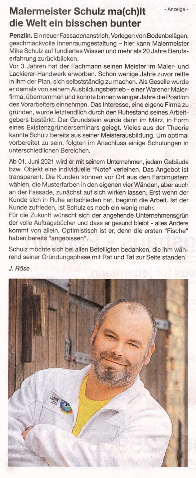 Zeitungsartikel zur Gründung: Malermeister Schulz ma(ch)lt die Welt ein bisschen bunter