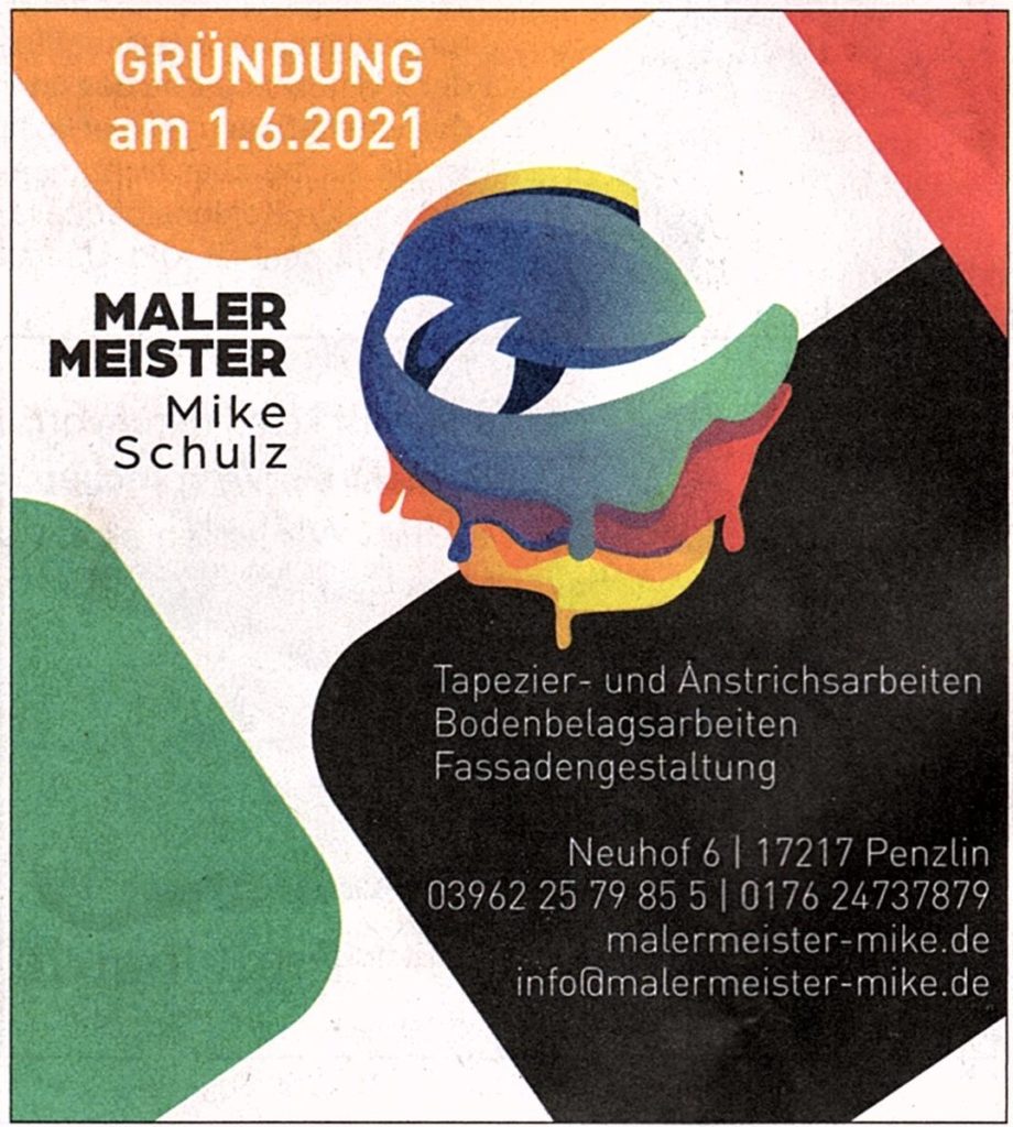 Zeitungsanzeige zur Gründung am 1.6.2021 von Malermeister Mike Schulz
